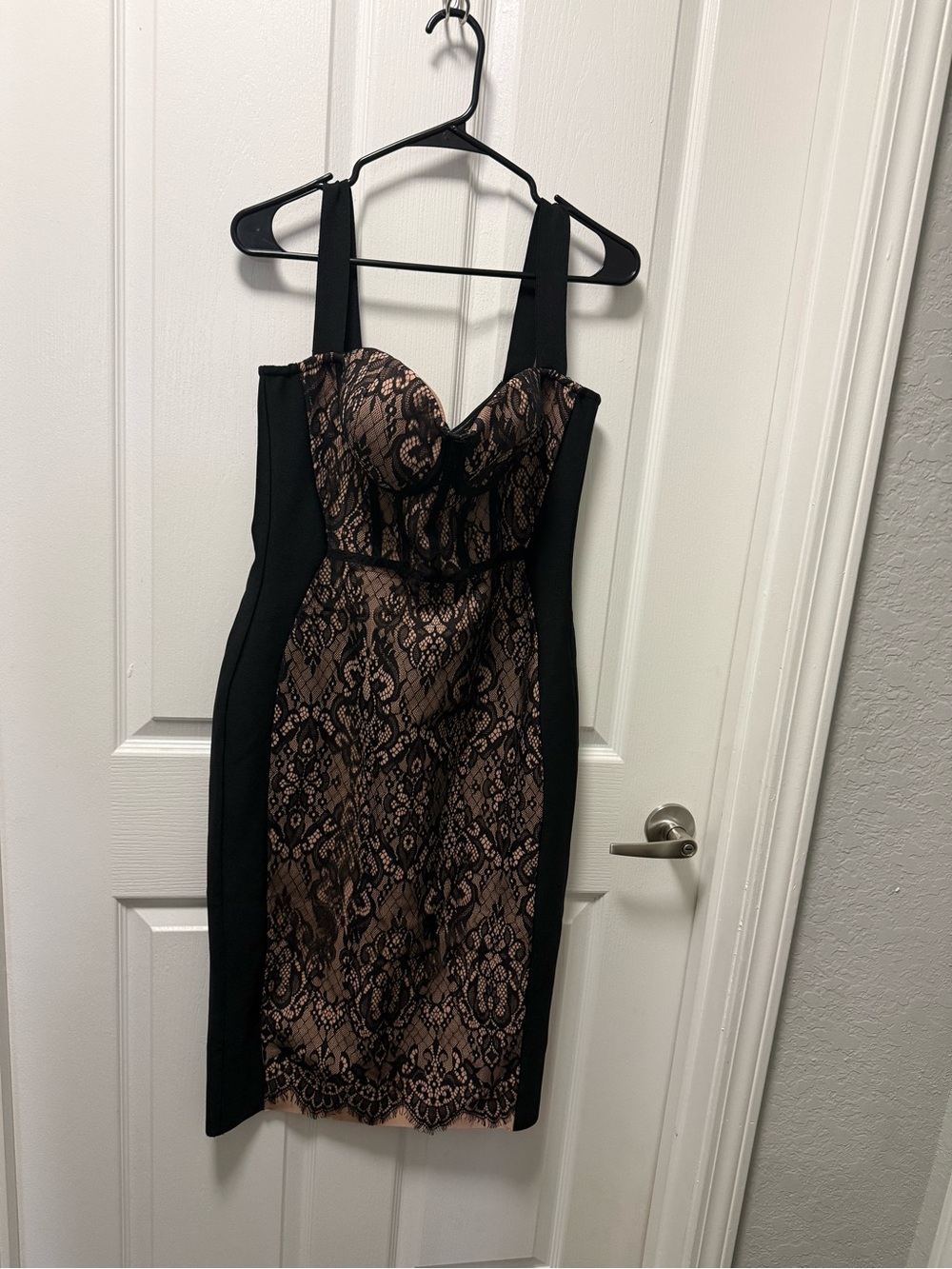 Fashion Nova Black & Nude Lace Midi Sheath Dress